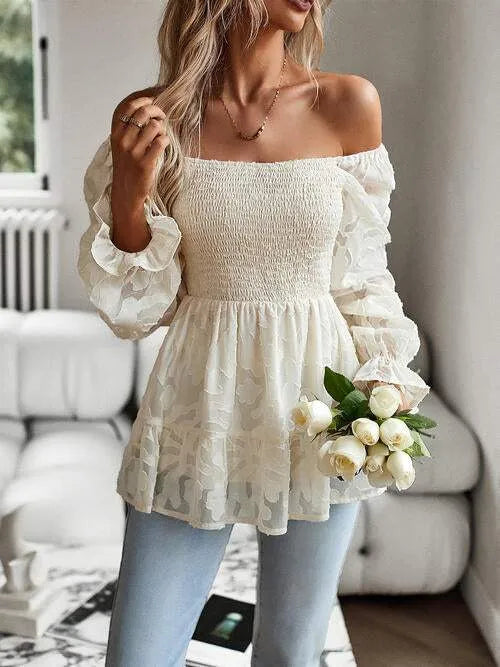 Smocked Flounce Sleeve Peplum Blouse Blouses - Tophatter Daily Deals