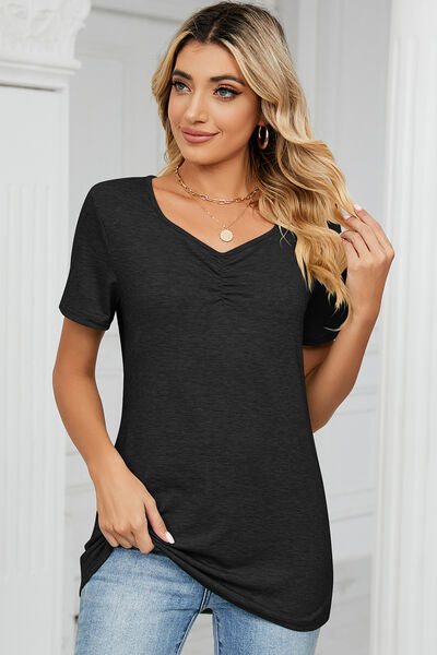 Ruched Heathered Short Sleeve T-Shirt Women's T-Shirts - Tophatter Daily Deals