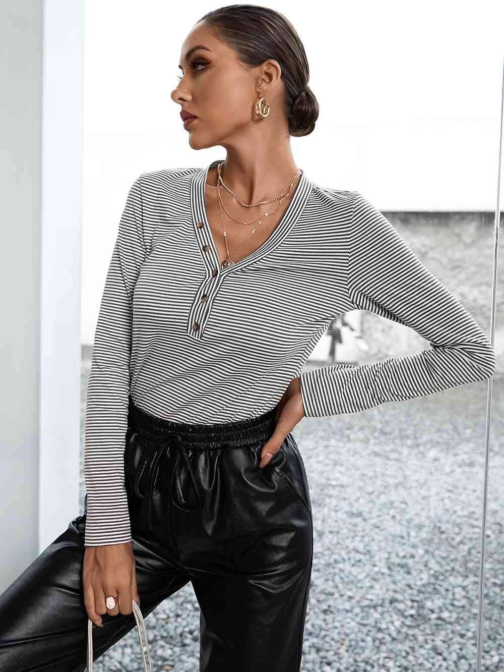 Striped Buttoned V-Neck Long Sleeve Top Charcoal Blouses - Tophatter Daily Deals