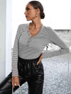 Striped Buttoned V-Neck Long Sleeve Top Charcoal Blouses - Tophatter Daily Deals