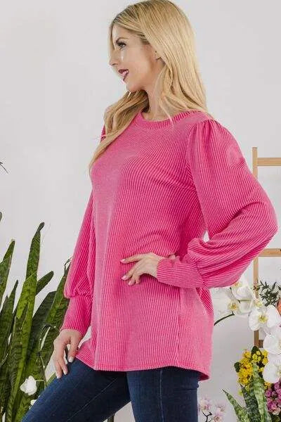 Celeste Full Size Striped Round Neck Lantern Sleeve Top Blouses - Tophatter Daily Deals