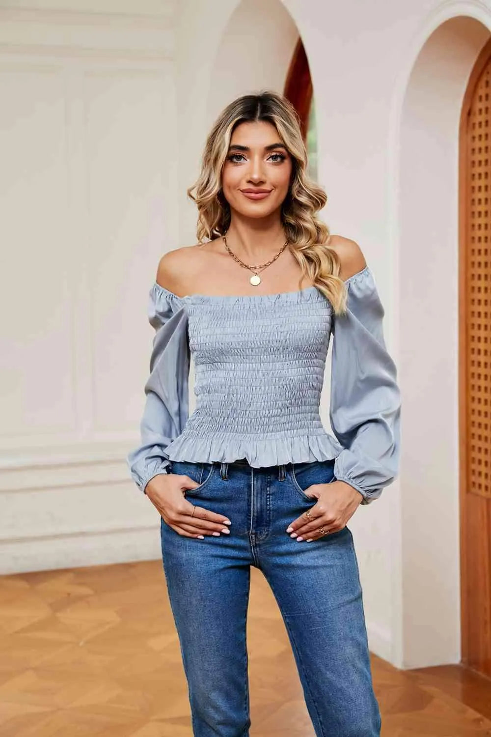 Smocked Off-Shoulder Ruffle Hem Blouse Misty Blue Blouses - Tophatter Daily Deals