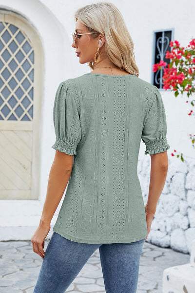 Eyelet Square Neck Short Sleeve T-Shirt Women's T-Shirts - Tophatter Daily Deals