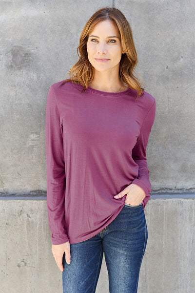 Basic Bae Full Size Round Neck Long Sleeve Top Dusty Purple Blouses - Tophatter Daily Deals