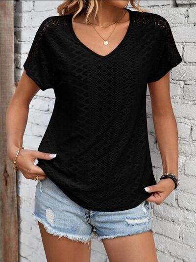 Eyelet V-Neck Short Sleeve T-Shirt Black Women's T-Shirts - Tophatter Daily Deals