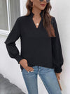 Smocked Notched Long Sleeve Blouse Black Blouses - Tophatter Daily Deals