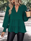 Notched Neck Lantern Sleeve Blouse Green Blouses - Tophatter Daily Deals