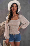 Floral Smocked Balloon Sleeve Top Apricot Blouses - Tophatter Daily Deals