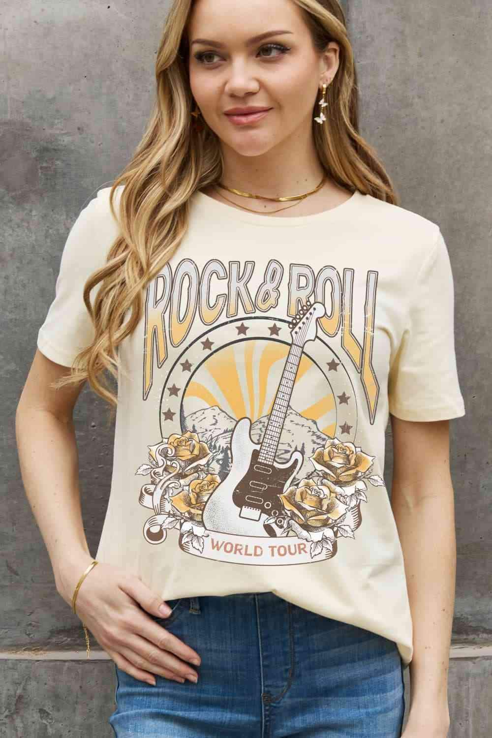 Simply Love Simply Love Full Size ROCK & ROLL WORLD TOUR Graphic Cotton Tee Ivory Women's T-Shirts - Tophatter Daily Deals