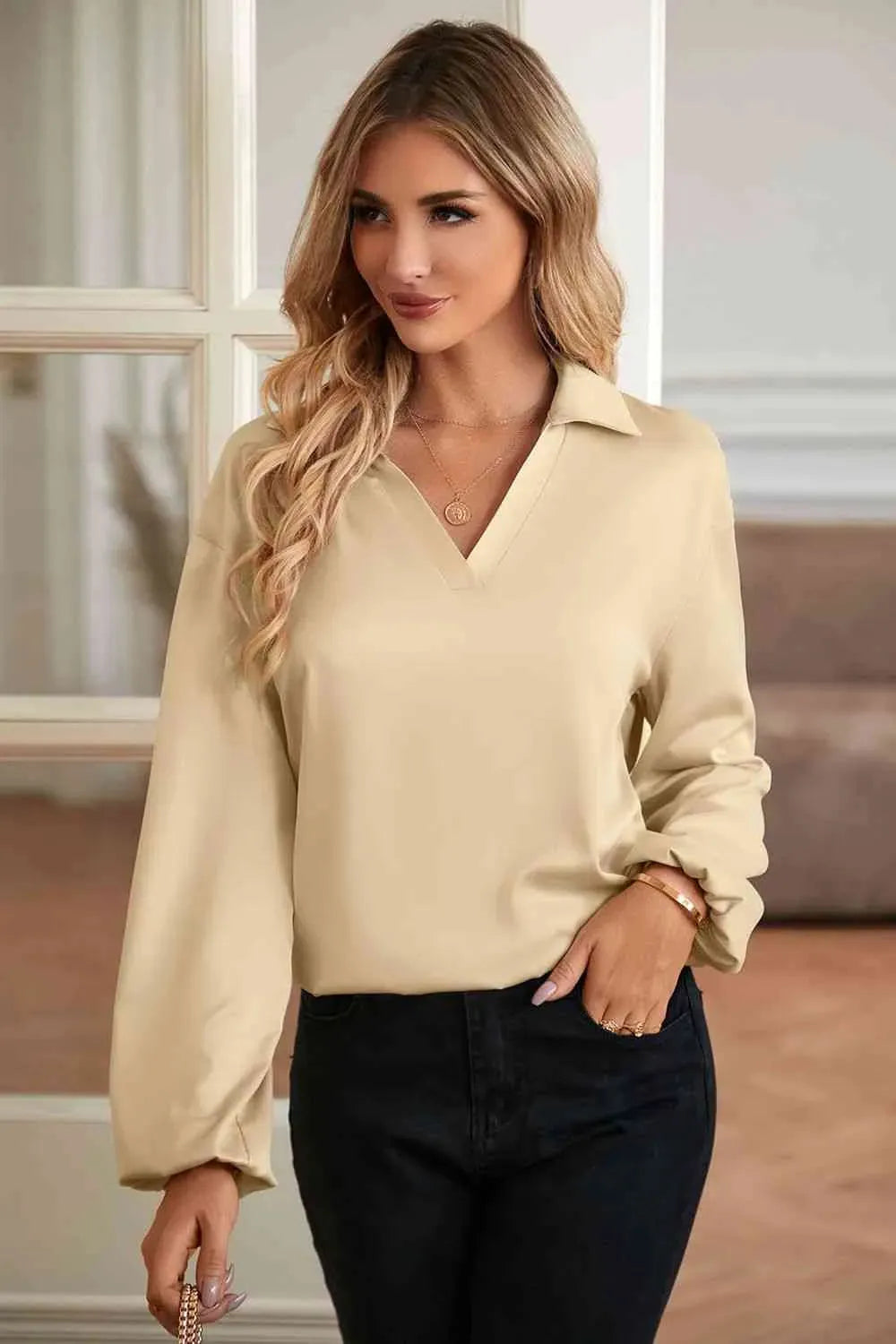 Johnny Collar Lantern Sleeve Blouse Blouses - Tophatter Daily Deals