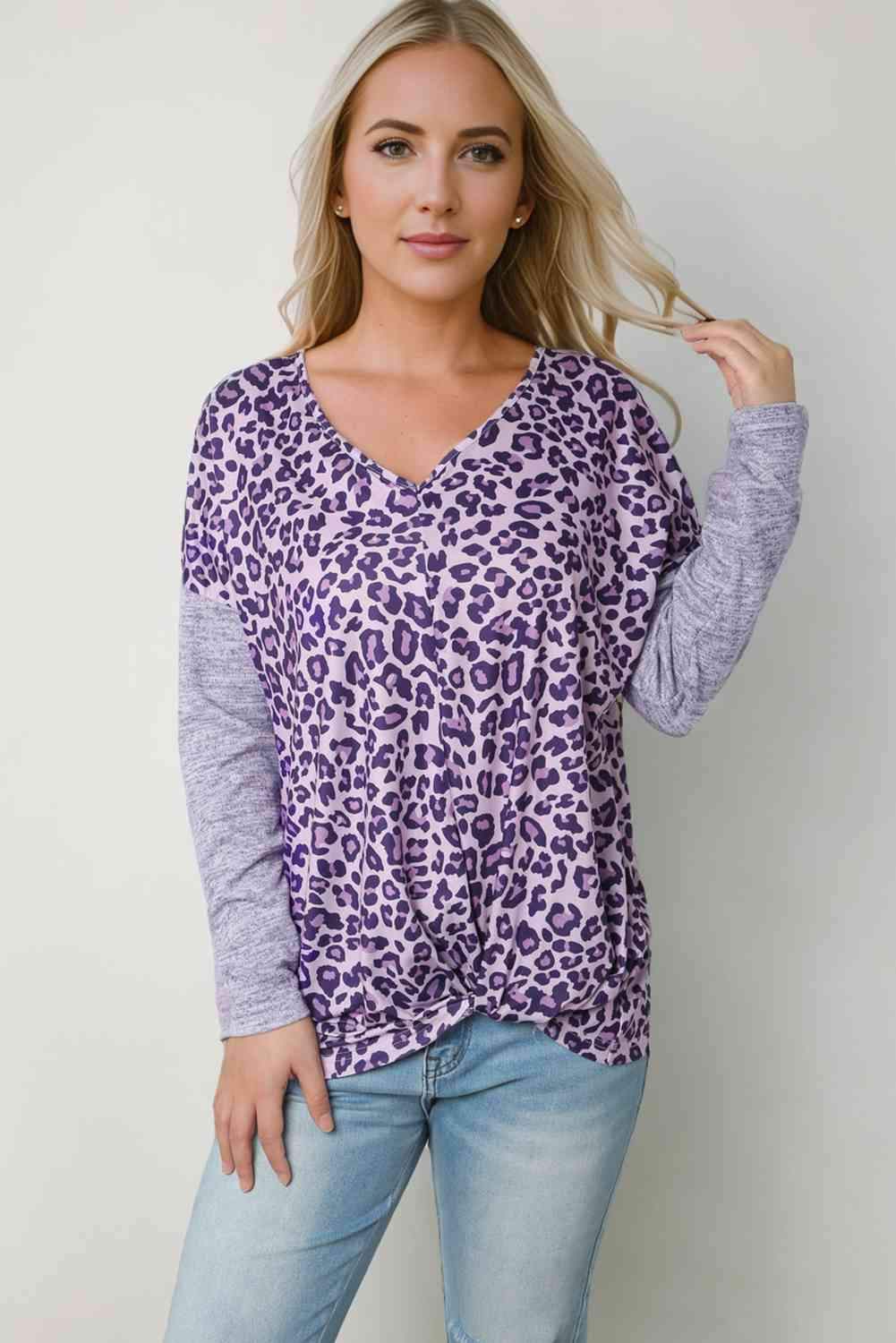 Leopard V-Neck Long Sleeve T-Shirt Lavender Women's T-Shirts - Tophatter Daily Deals