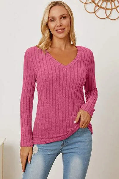 Basic Bae Full Size Ribbed V-Neck Long Sleeve T-Shirt Women's T-Shirts - Tophatter Daily Deals
