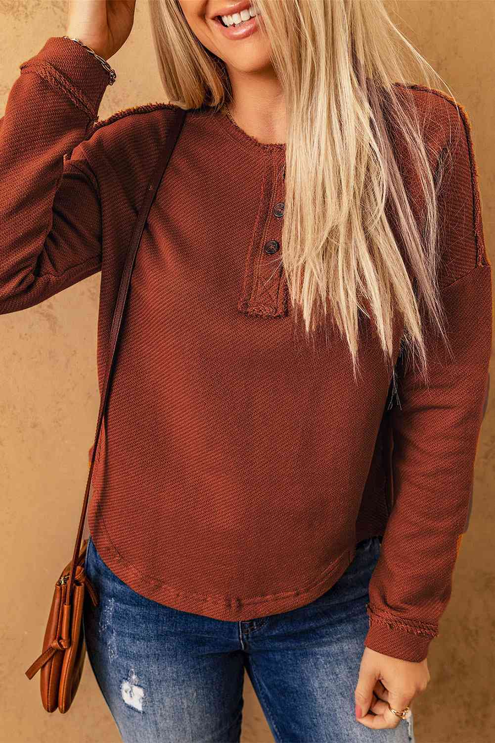 Exposed Seams Round Neck Long Sleeve Blouse - Tophatter Deals