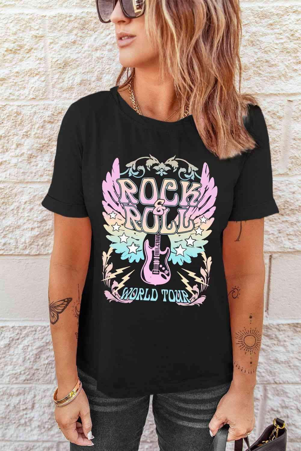 ROCK & ROLL Graphic Tee Shirt Black Women's T-Shirts - Tophatter Daily Deals