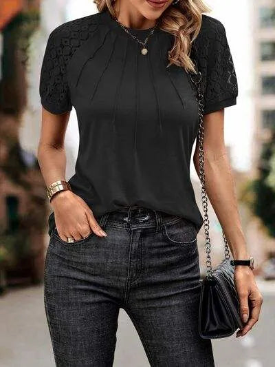 Openwork Lace Detail Short Sleeve T-Shirt Women's T-Shirts - Tophatter Daily Deals