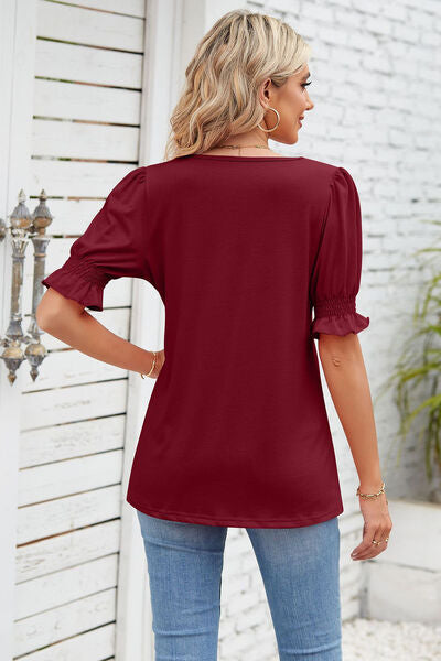 Smocked Square Neck Short Sleeve T-Shirt Women's T-Shirts - Tophatter Daily Deals