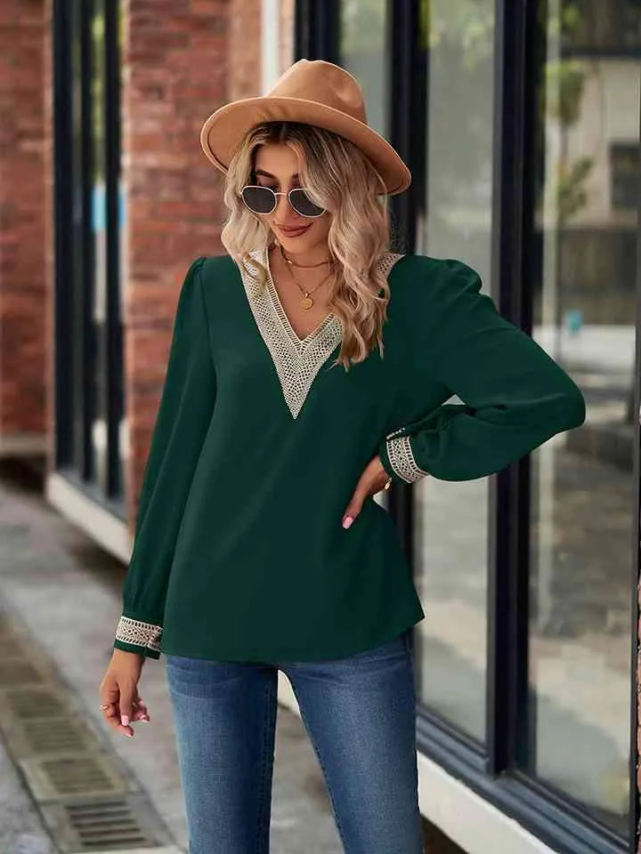V-Neck Long Sleeve Blouse Blouses - Tophatter Daily Deals