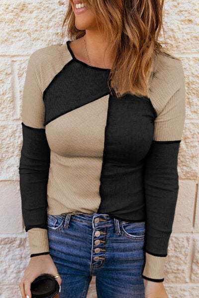 Color Block Round Neck Long Sleeve T-Shirt Khaki Women's T-Shirts - Tophatter Daily Deals