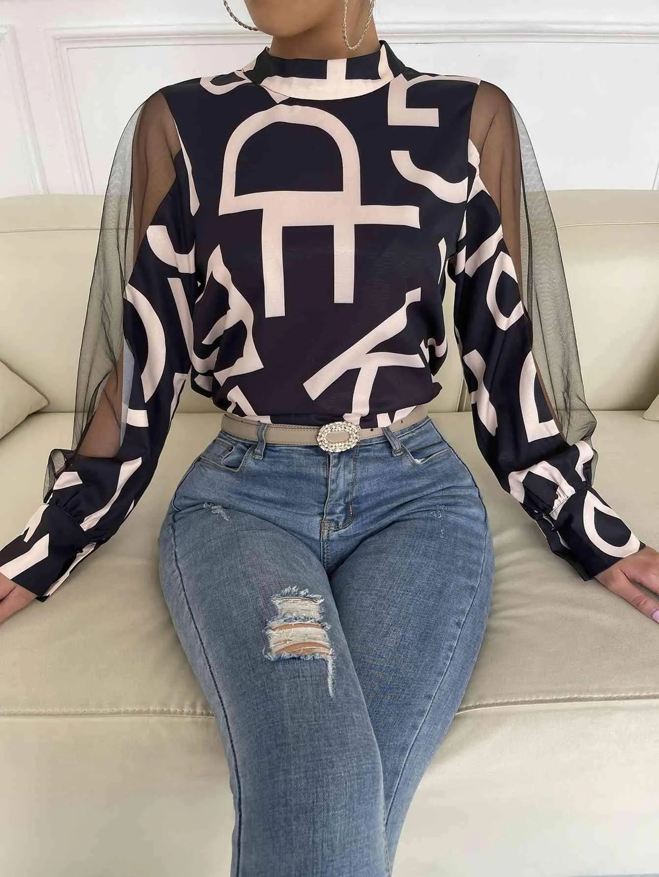 Letter Print Spliced Mesh Sleeve Blouse Blouses - Tophatter Daily Deals