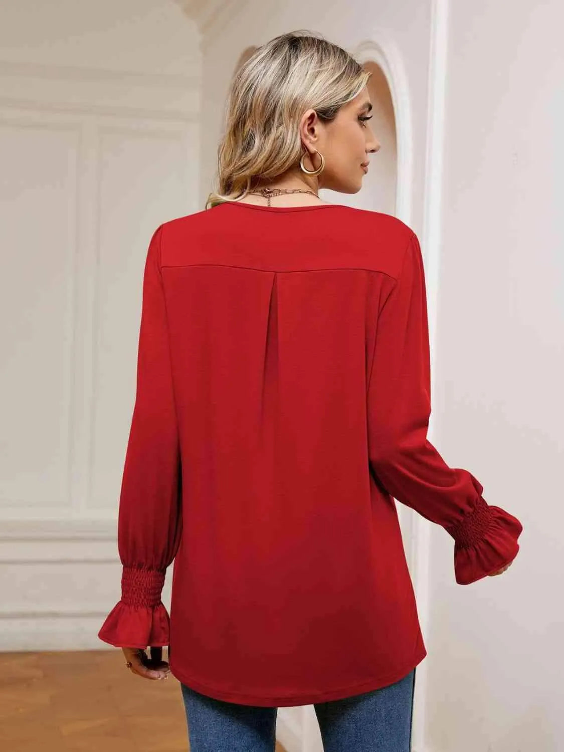 V-Neck Flounce Sleeve Blouse Blouses - Tophatter Daily Deals