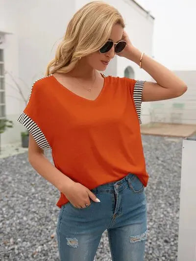 Striped V-Neck Short Sleeve T-Shirt Women's T-Shirts - Tophatter Daily Deals
