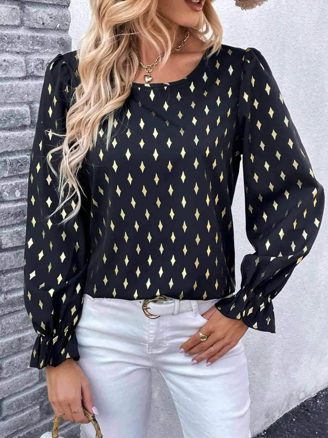 Double Take Printed Round Neck Flounce Sleeve Blouse Black Blouses - Tophatter Daily Deals