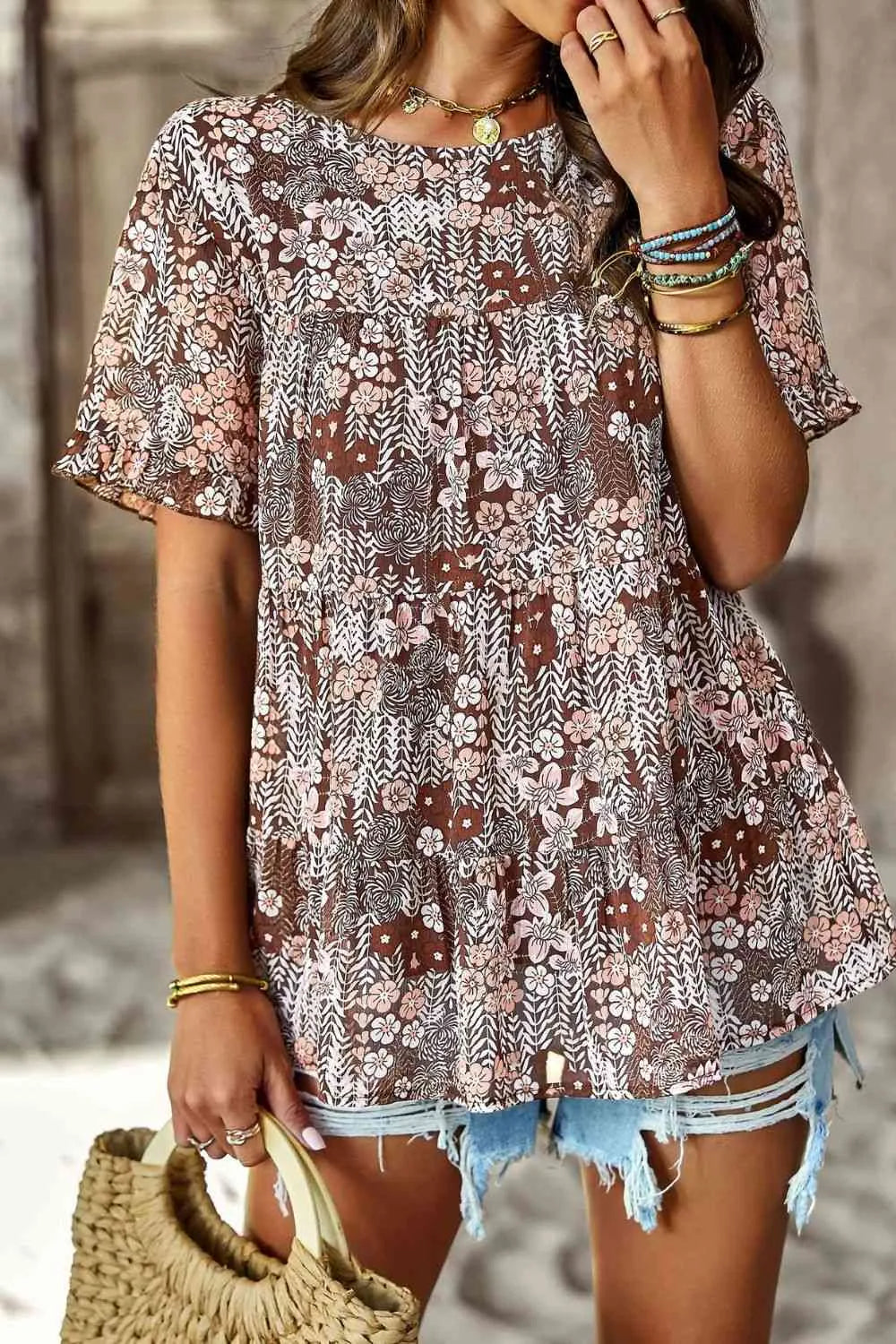 Printed Round Neck Tiered Top Blouses - Tophatter Daily Deals