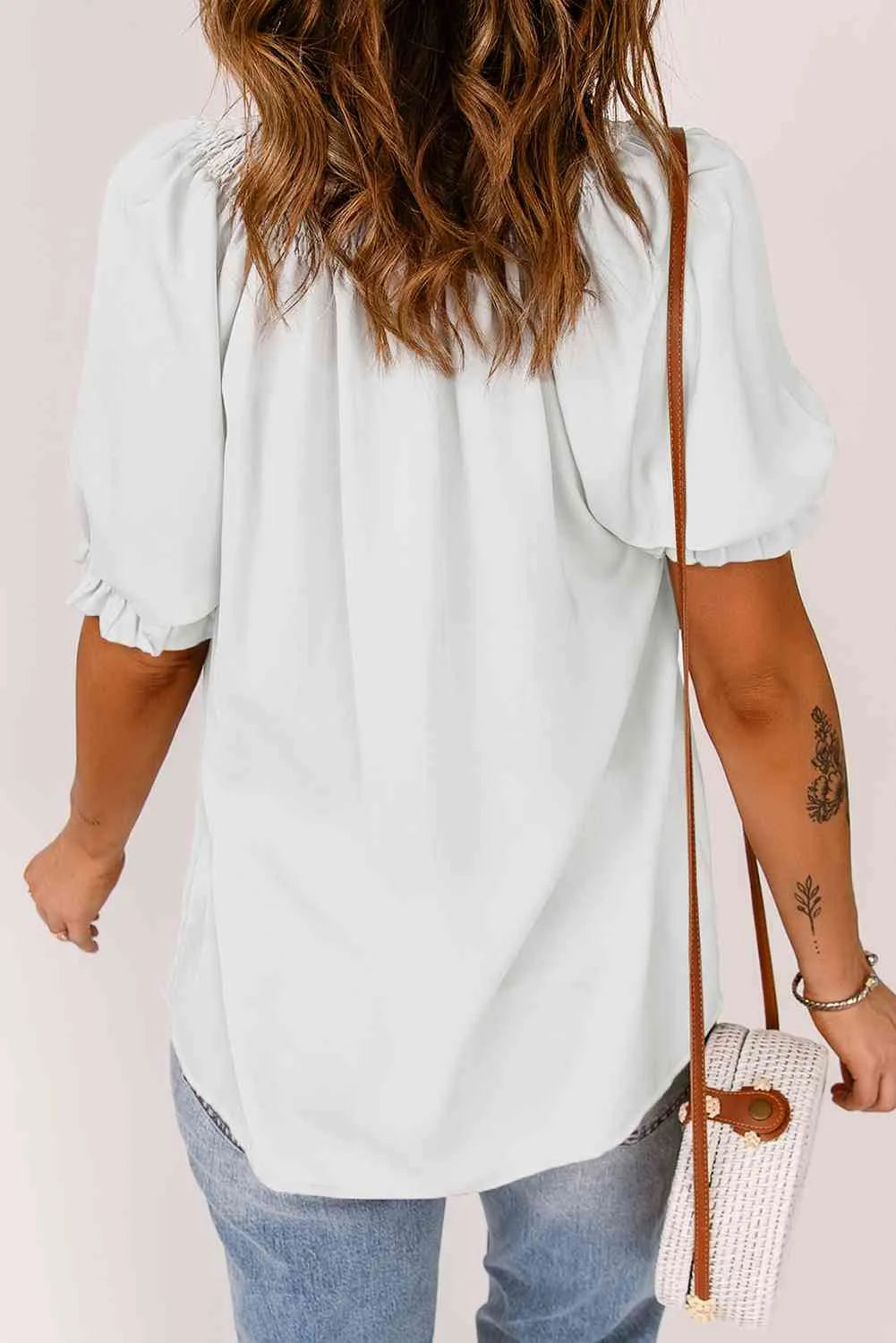 Smocked Frill Trim Flounce Sleeve Blouse Blouses - Tophatter Daily Deals