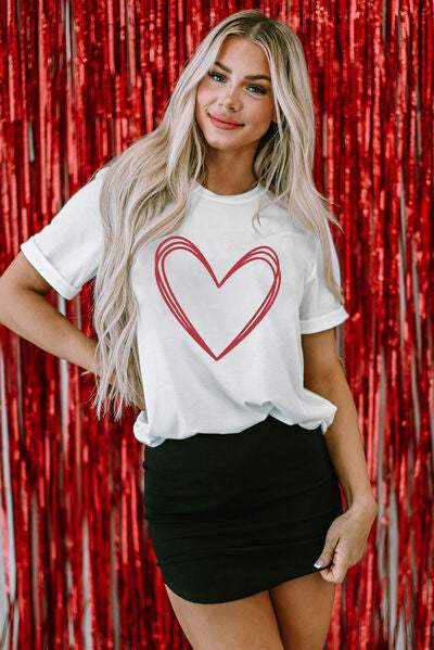 Heart Round Neck Short Sleeve T-Shirt Women's T-Shirts - Tophatter Daily Deals