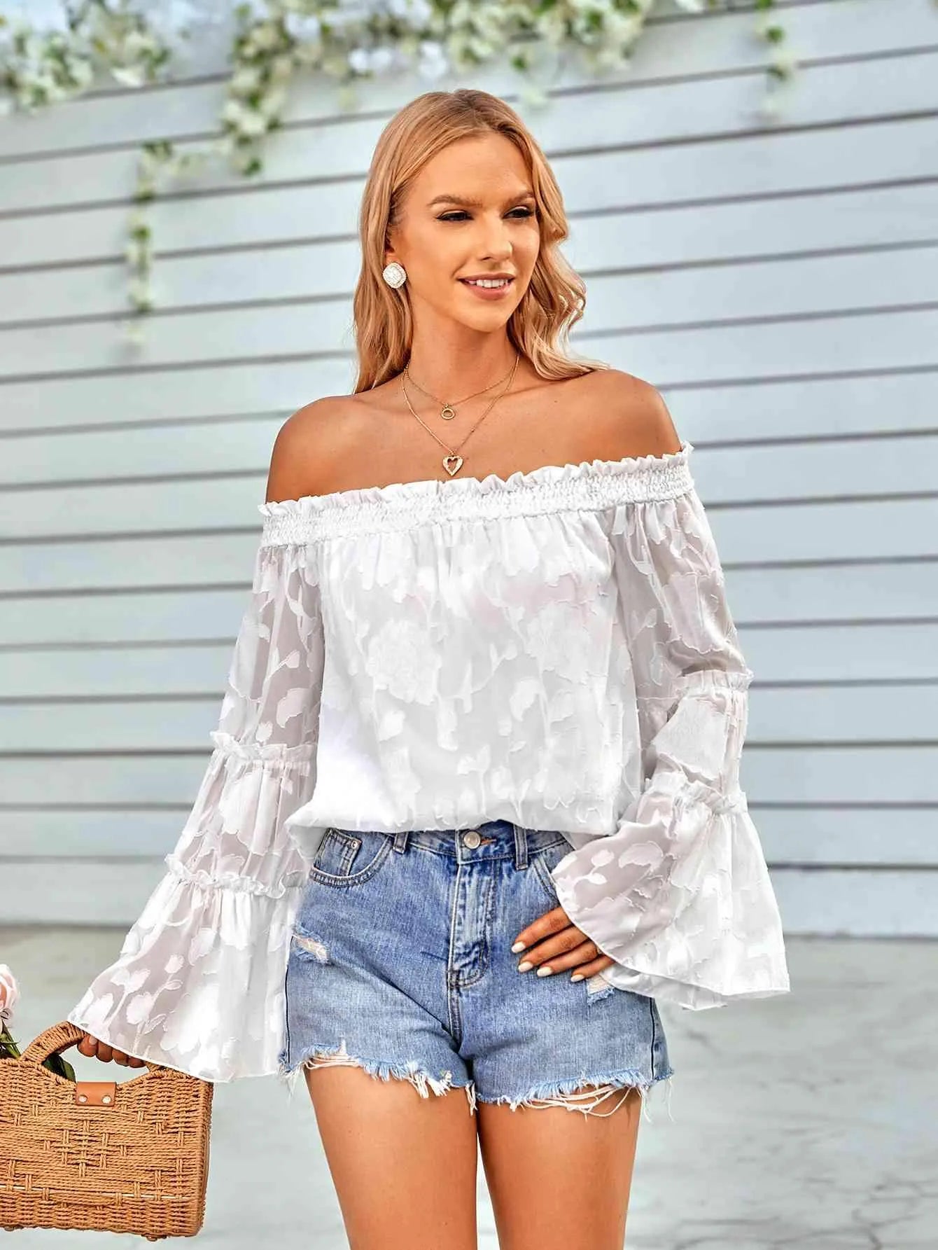 Applique Flounce Sleeve Off-Shoulder Blouse Blouses - Tophatter Daily Deals