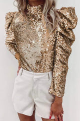 Sequin Mock Neck Leg-Of-Mutton Sleeve Top Blouses - Tophatter Daily Deals