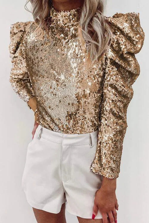 Sequin Mock Neck Leg-Of-Mutton Sleeve Top Blouses - Tophatter Daily Deals