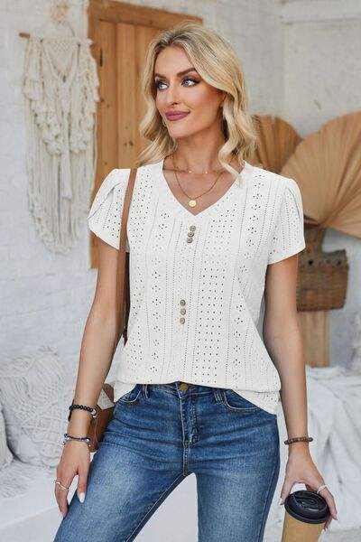 Decorative Button Eyelet V-Neck Short Sleeve T-Shirt Women's T-Shirts - Tophatter Daily Deals