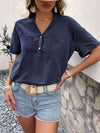 Buttoned Notched Neck Cuffed Sleeve Blouse Blouses - Tophatter Daily Deals