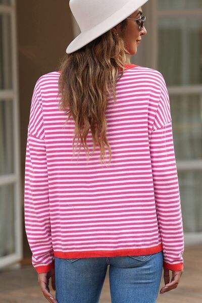 Striped Round Neck Drop Shoulder T-Shirt Blouses - Tophatter Daily Deals