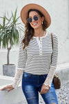 Striped Button-Up Lace Detail Long Sleeve Blouse Blouses - Tophatter Daily Deals