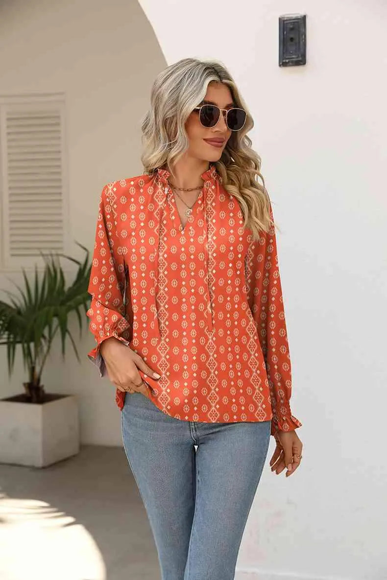 Printed Tie Neck Flounce Sleeve Blouse Blouses - Tophatter Daily Deals