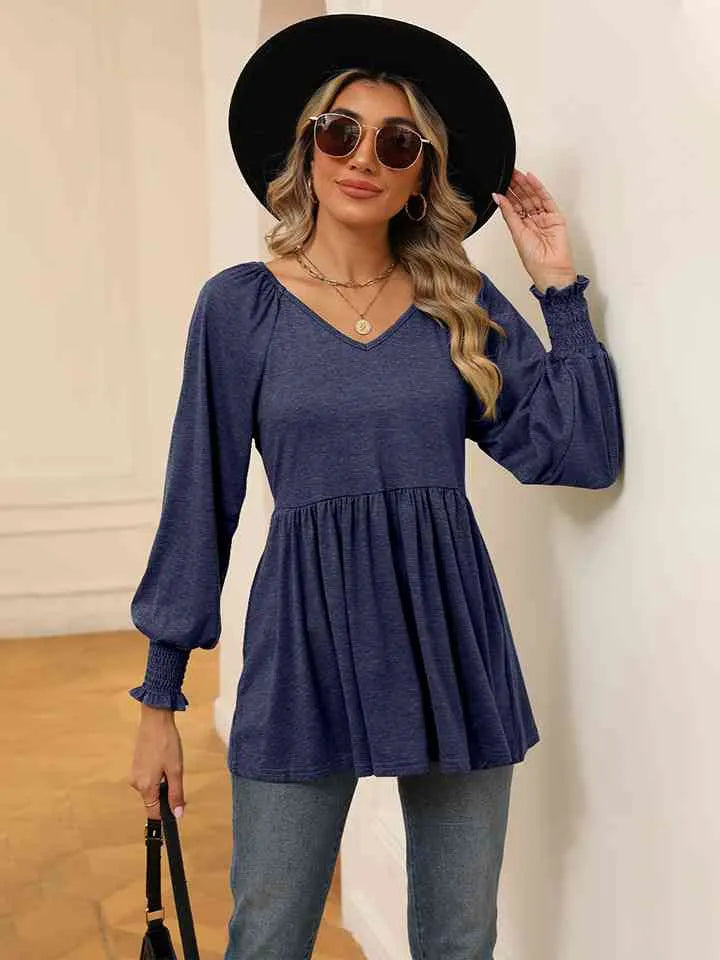 V-Neck Lantern Sleeve Blouse Navy Blouses - Tophatter Daily Deals