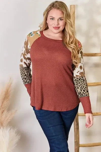 Hailey & Co Full Size Leopard Waffle-Knit Blouse Blouses - Tophatter Daily Deals