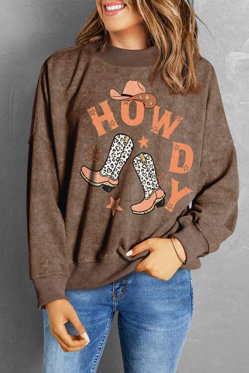 HOWDY Round Neck Drop Shoulder Sweatshirt Taupe - Tophatter Daily Deals