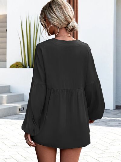 V-Neck Buttoned Balloon Sleeve Blouse - Tophatter Deals