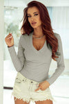 Ribbed V Neck Slim Long Sleeve Top Light Gray Blouses - Tophatter Daily Deals