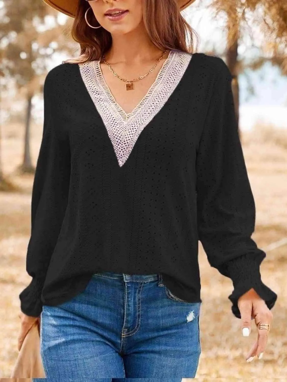 Eyelet V-Neck Flounce Sleeve Top Black Blouses - Tophatter Daily Deals