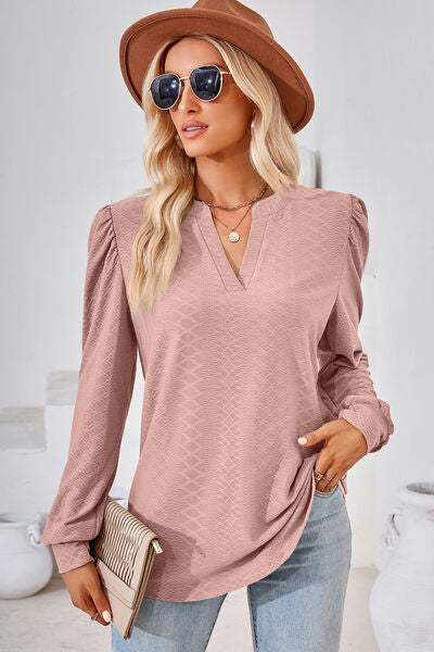 Ruched Notched Long Sleeve T-Shirt Women's T-Shirts - Tophatter Daily Deals