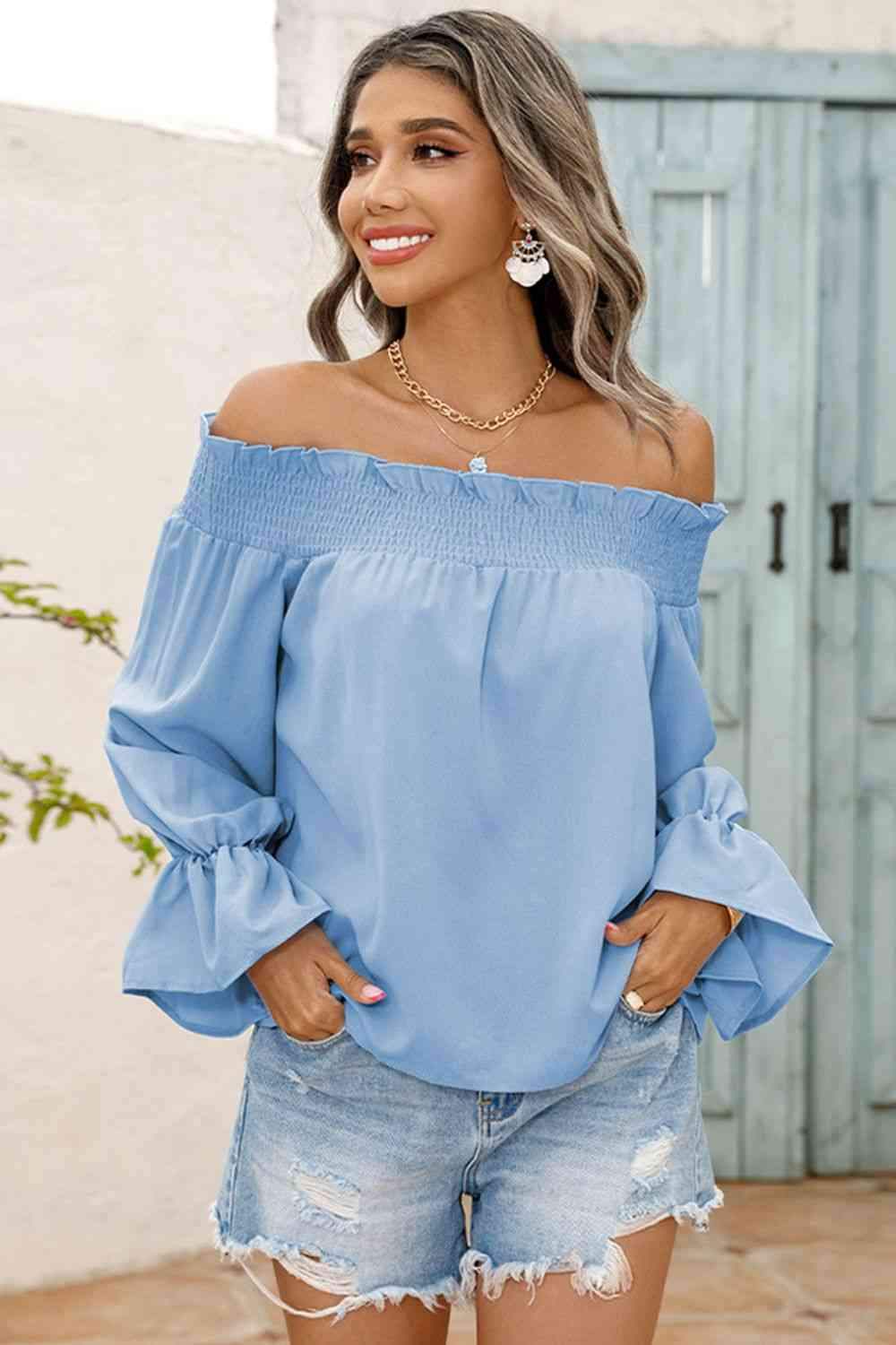 Off-Shoulder Flare Sleeve Smocked Neck Blouse Blouses - Tophatter Daily Deals