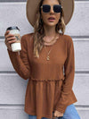 Waffle-Knit Long Sleeve Peplum Blouse Caramel Blouses - Tophatter Daily Deals