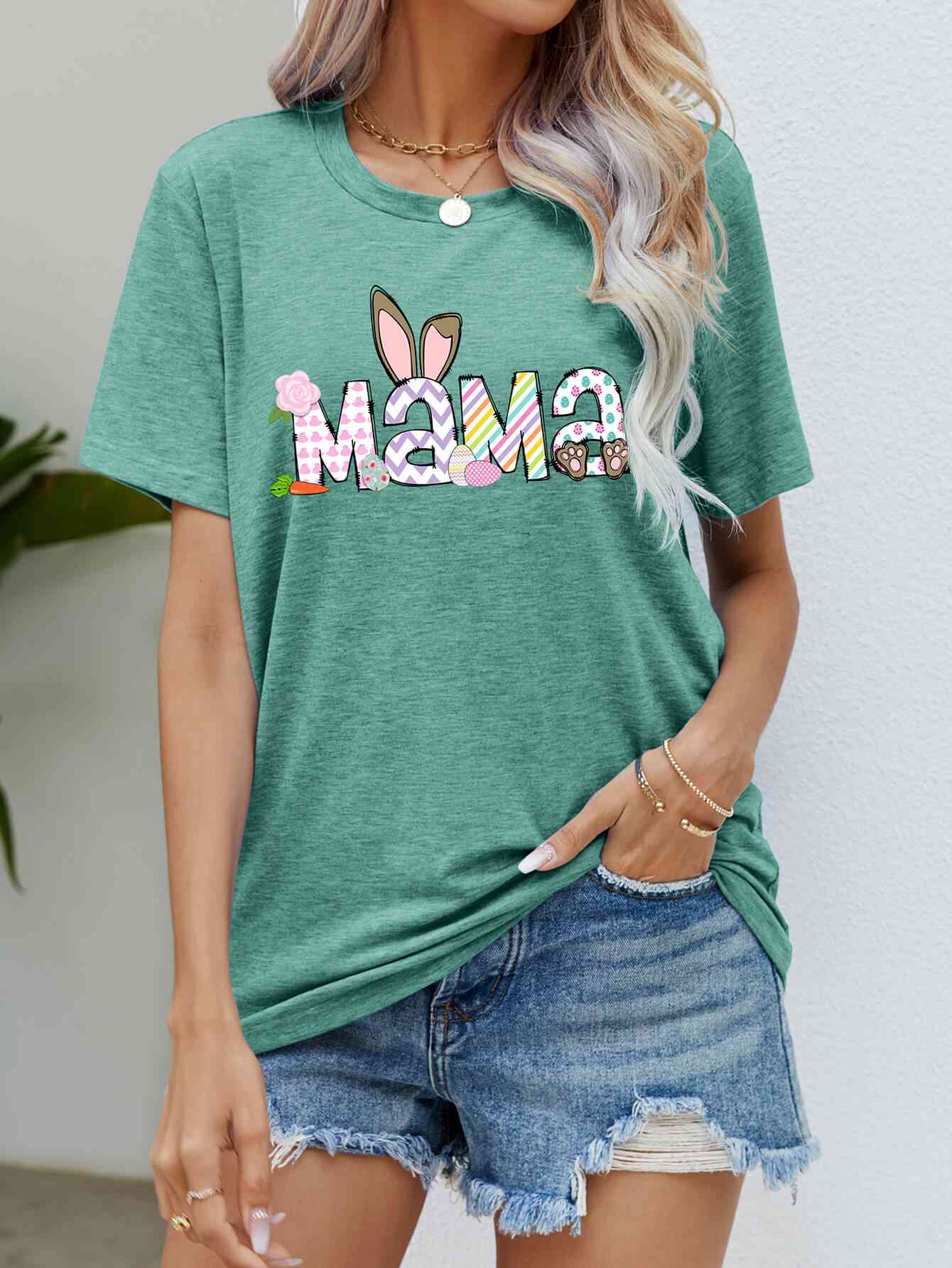 Easter MAMA Graphic Round Neck T-Shirt Women's T-Shirts - Tophatter Daily Deals