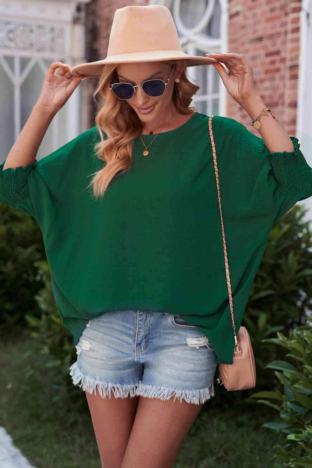 Round Neck Dolman Sleeve Textured Blouse Blouses - Tophatter Daily Deals