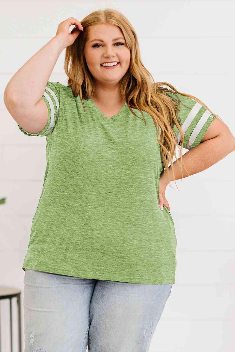 Plus Size Striped V-Neck Tee Shirt Lime Women's T-Shirts - Tophatter Daily Deals