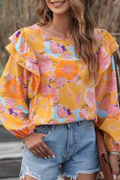 Floral Print Ruffle Puff Sleeve Blouse Blouses - Tophatter Daily Deals